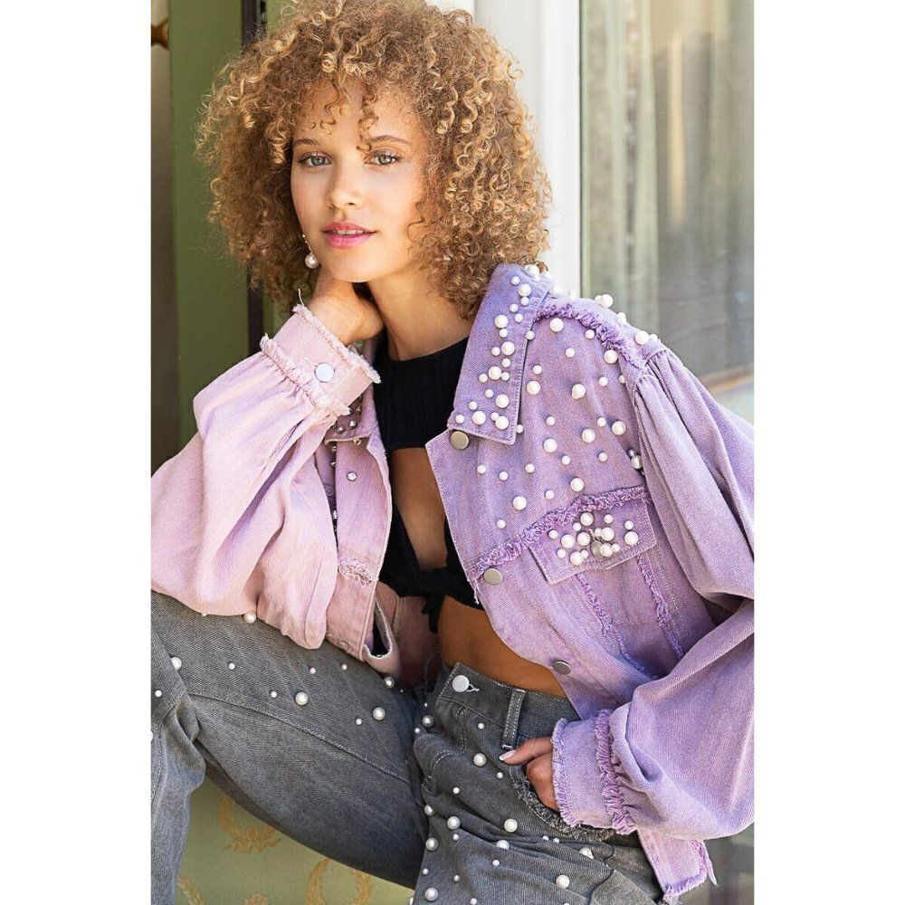 POL CLOTHING Lilac Pink Pearl Diamond Studded Half and Half Denim Jacket FWJ160A - Picture 10 of 12